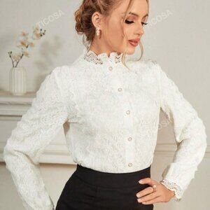 Ladies' Elegant Lace Splicing Solid Color Long Sleeve Shirt - White Size Small